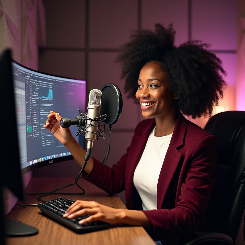 Profesjonalne studio nagrań podcastu z mikrofonem i ekranem edycji